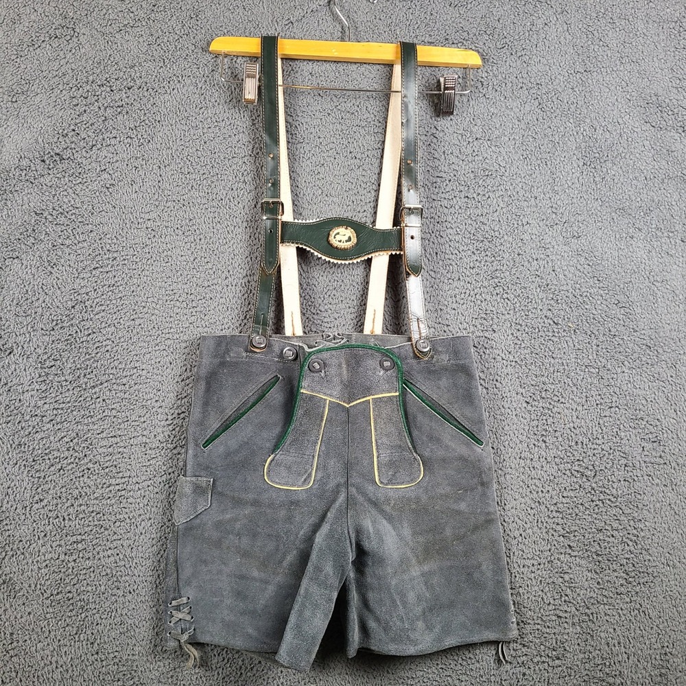 Traditional Men's Gray Suede Lederhosen with Green Trim